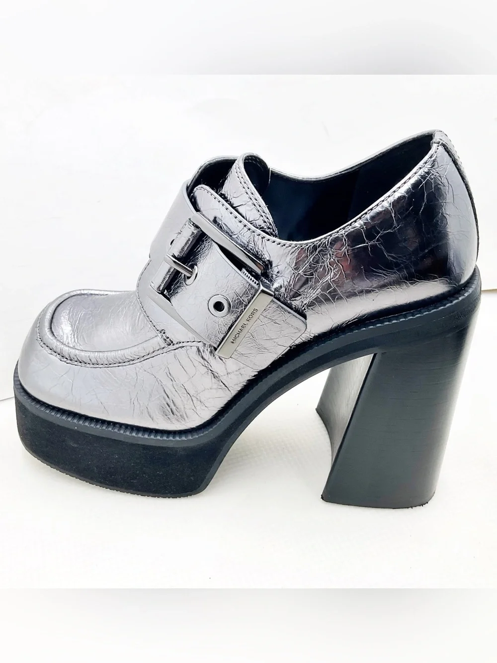 {MICHAEL Michael Kors} Colby Crackled Gunmetal Metallic Leather Platforms